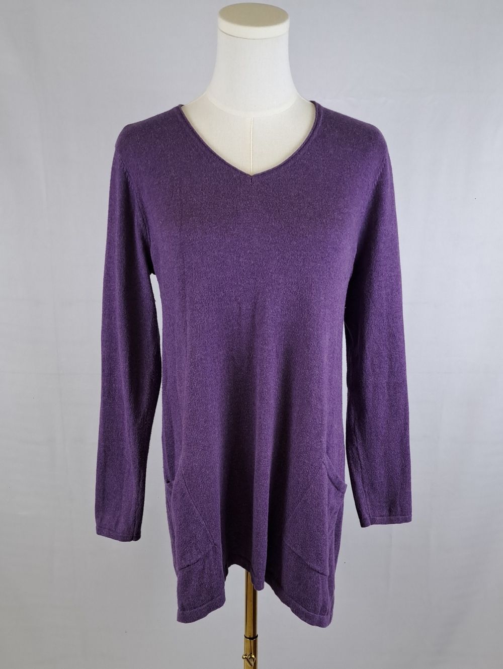 Pure Jill Cotton Cashmere Purple V-Neck Knit Tunic Top Lagenlook Minimalist S